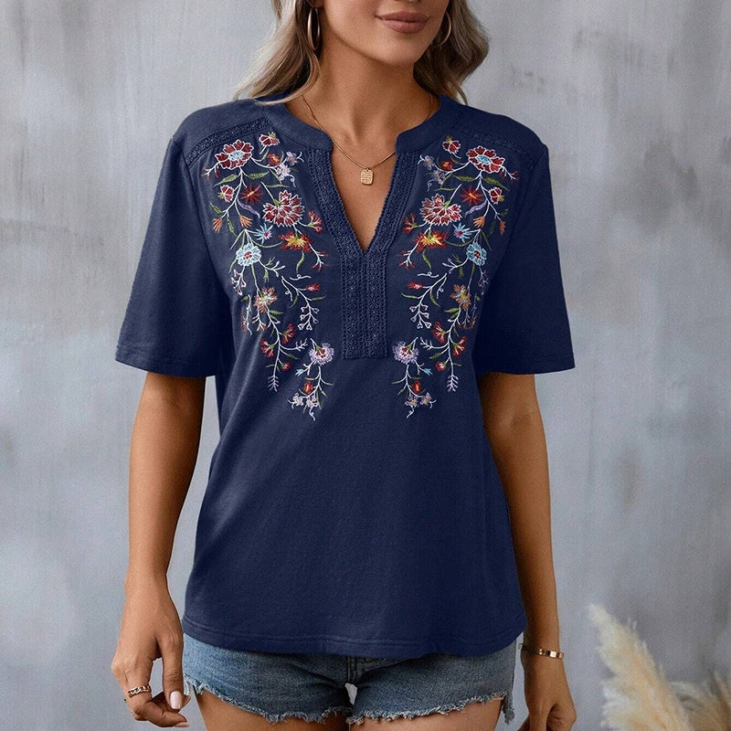 Women's Elegant V-Neck Floral Embroidery Lace Trim Short Sleeve Blouse Summer Casual Top