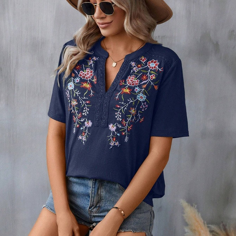 Women's Elegant V-Neck Floral Embroidery Lace Trim Short Sleeve Blouse Summer Casual Top