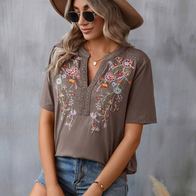 Women's Elegant V-Neck Floral Embroidery Lace Trim Short Sleeve Blouse Summer Casual Top