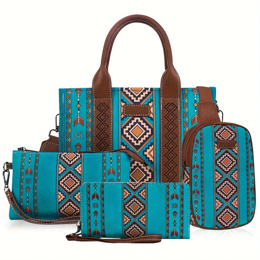 4Pcs Women's Purse Tote, Retro Work Satchel Lightweight, Boho Chic Tote Everyday Green