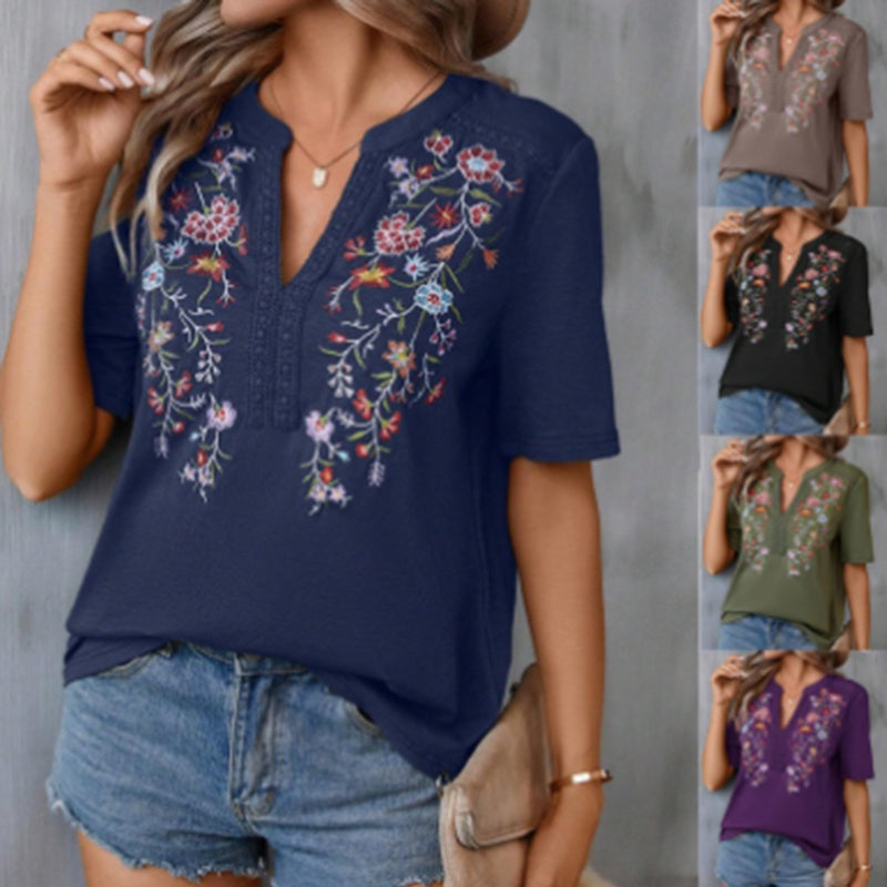 Women's Elegant V-Neck Floral Embroidery Lace Trim Short Sleeve Blouse Summer Casual Top